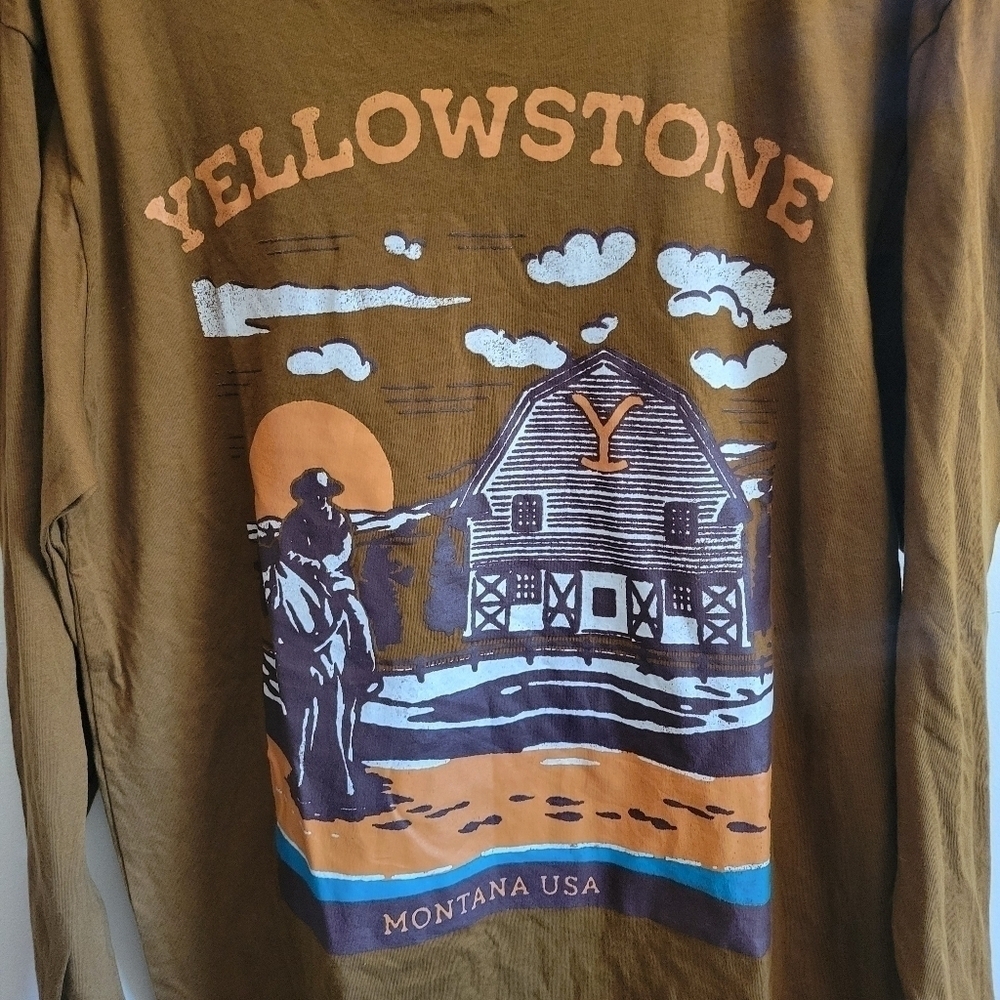 Yellowstone Long Sleeve Tee Cotton Montana Mustand Yellow Tan Large - Picture 2 of 9